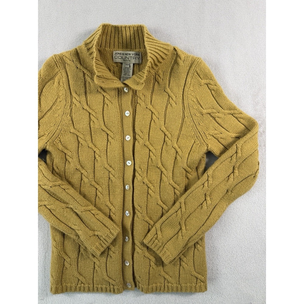 Vintage Jones New York Mustard‎ Yellow Cable Knit Cardigan Mock Neck Size P/S - Picture 5 of 11